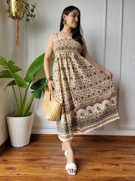 Women Olive Green & Cream Floral Peacock Border Printed Smocked Cotton Midi Dress - Bodice & Fabric Detail View