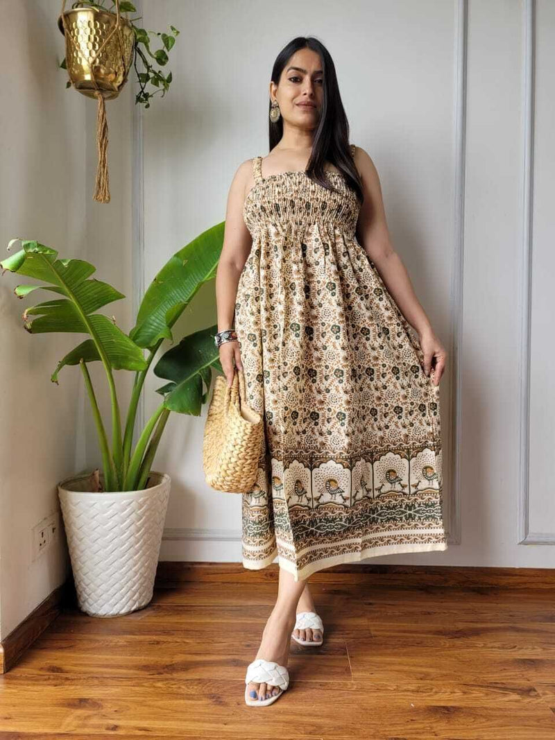 Women Olive Green & Cream Floral Peacock Border Printed Smocked Cotton Midi Dress - Flowy Flare View