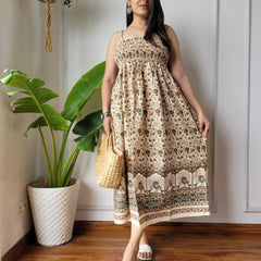 Women Olive Green & Cream Floral Peacock Border Printed Smocked Cotton Midi Dress - Flowy Flare View