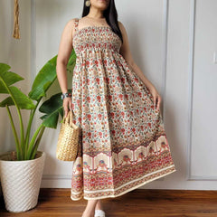 Women Red & Cream Floral Peacock Border Printed Smocked Cotton Midi Dress - Side / Back View