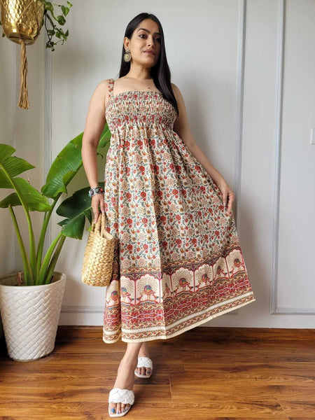 Women Red & Cream Floral Peacock Border Printed Smocked Cotton Midi Dress - Side / Back View