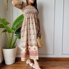 Women Red & Cream Floral Peacock Border Printed Smocked Cotton Midi Dress - Bodice & Fabric Detail View