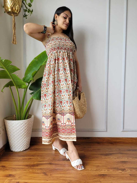 Women Red & Cream Floral Peacock Border Printed Smocked Cotton Midi Dress - Bodice & Fabric Detail View
