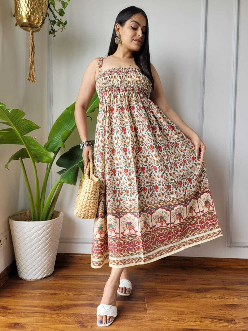 Women Red & Cream Floral Peacock Border Printed Smocked Cotton Midi Dress - Flowy Flare View