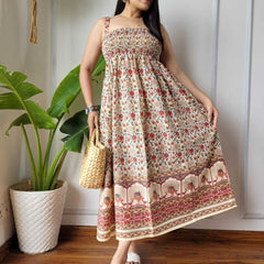 Women Red & Cream Floral Peacock Border Printed Smocked Cotton Midi Dress - Flowy Flare View