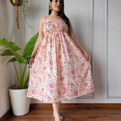 Women Cream & Pink Floral Printed Smocked Cotton Midi Dress - Side / Back View