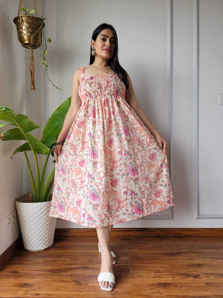 Women Cream & Pink Floral Printed Smocked Cotton Midi Dress - Side / Back View