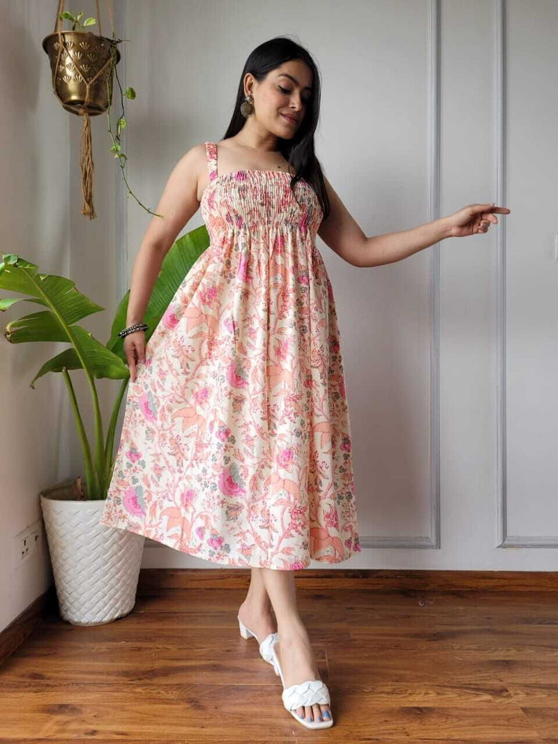 Women Cream & Pink Floral Printed Smocked Cotton Midi Dress - Bodice & Fabric Detail View