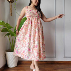 Women Cream & Pink Floral Printed Smocked Cotton Midi Dress - Bodice & Fabric Detail View