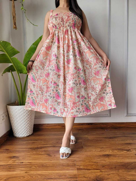 Women Cream & Pink Floral Printed Smocked Cotton Midi Dress - Flowy Flare View
