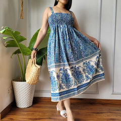 Women Blue & Cream Paisley Printed Smocked Cotton Midi Dress - Side / Back View
