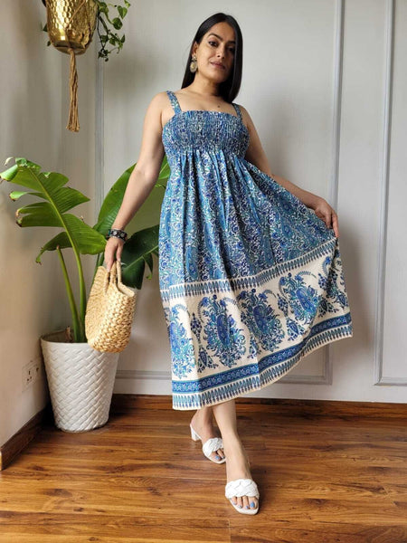 Women Blue & Cream Paisley Printed Smocked Cotton Midi Dress - Side / Back View