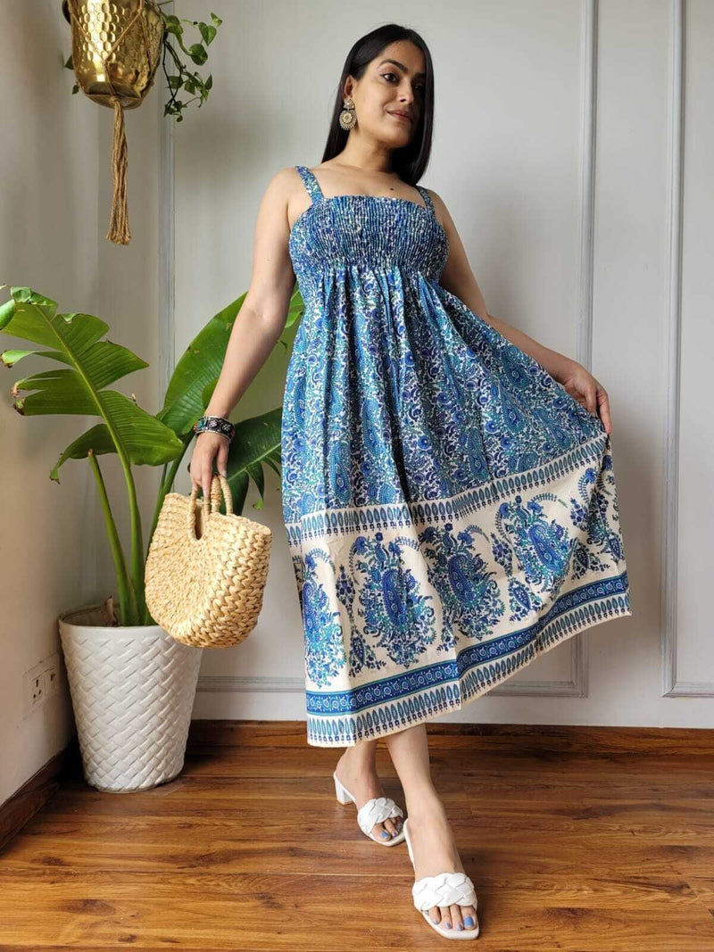 Women Blue & Cream Paisley Printed Smocked Cotton Midi Dress - Bodice & Fabric Detail View