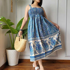 Women Blue & Cream Paisley Printed Smocked Cotton Midi Dress - Bodice & Fabric Detail View