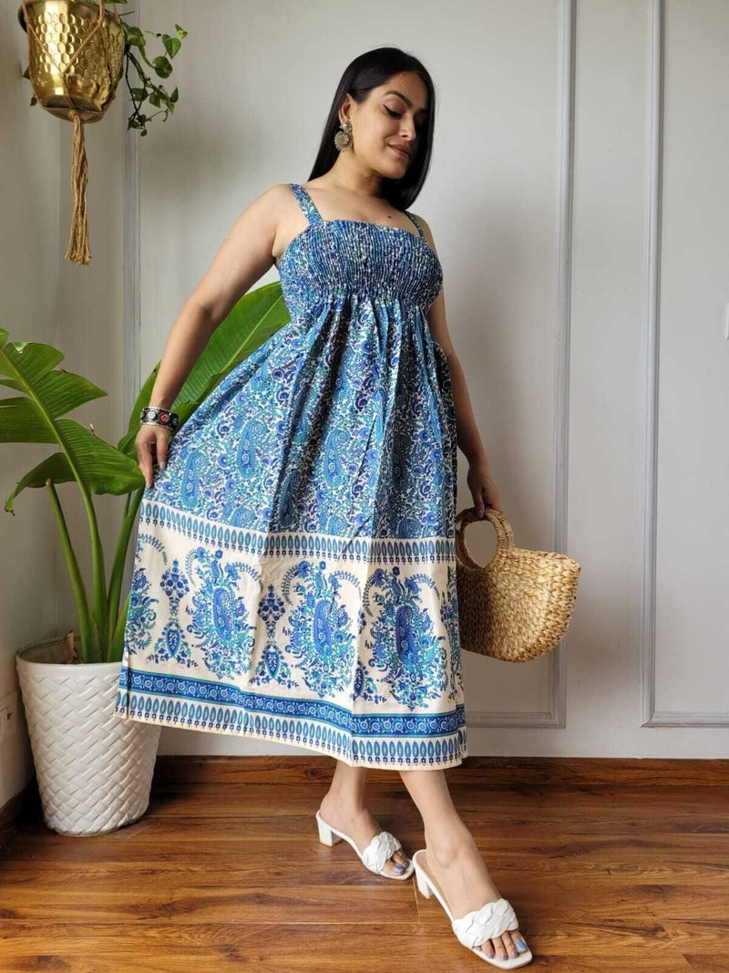 Women Blue & Cream Paisley Printed Smocked Cotton Midi Dress - Flowy Flare View
