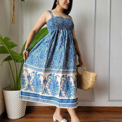 Women Blue & Cream Paisley Printed Smocked Cotton Midi Dress - Flowy Flare View