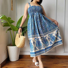 Women Blue & Cream Paisley Printed Smocked Cotton Midi Dress - Full Length View