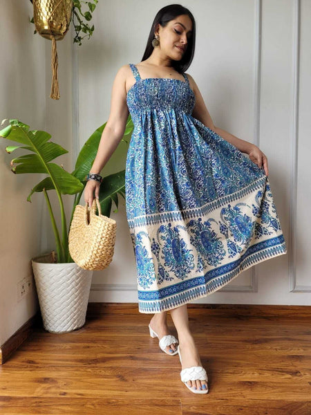 Women Blue & Cream Paisley Printed Smocked Cotton Midi Dress - Full Length View