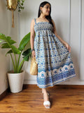 Women Blue & White Floral Peacock Border Printed Smocked Cotton Midi Dress