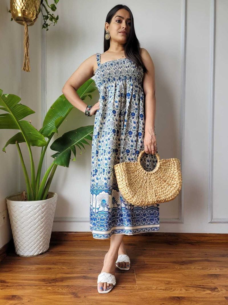 Women Blue & White Floral Peacock Border Printed Smocked Cotton Midi Dress - Side / Back View
