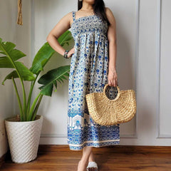 Women Blue & White Floral Peacock Border Printed Smocked Cotton Midi Dress - Side / Back View