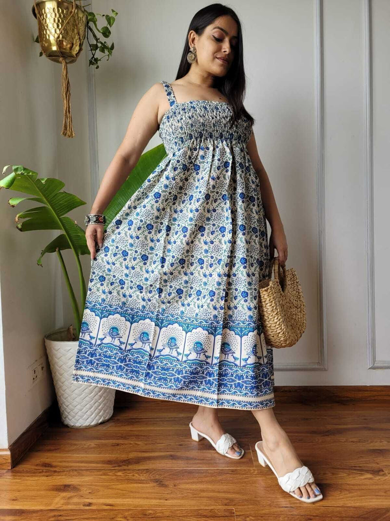 Women Blue & White Floral Peacock Border Printed Smocked Cotton Midi Dress - Bodice & Fabric Detail View