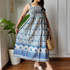 Women Blue & White Floral Peacock Border Printed Smocked Cotton Midi Dress - Bodice & Fabric Detail View