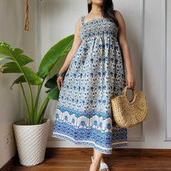 Women Blue & White Floral Peacock Border Printed Smocked Cotton Midi Dress - Flowy Flare View