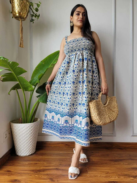 Women Blue & White Floral Peacock Border Printed Smocked Cotton Midi Dress - Flowy Flare View
