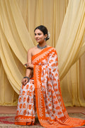 Women's Orange Ikkat & Bagru Print Pure Cotton Mulmul Saree