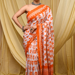 Women's Orange Ikkat & Bagru Print Pure Cotton Mulmul Saree - Side / Back View