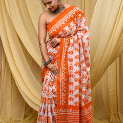 Women's Orange Ikkat & Bagru Print Pure Cotton Mulmul Saree - Drape View