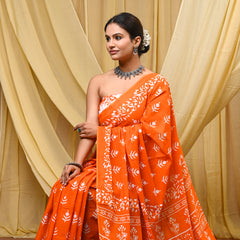 Women's Orange Bold Patta Border Pure Cotton Mulmul Saree - Front View