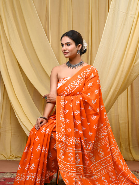 Women's Orange Bold Patta Border Pure Cotton Mulmul Saree - Front View