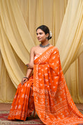 Women's Orange Bold Patta Border Pure Cotton Mulmul Saree