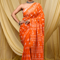 Women's Orange Bold Patta Border Pure Cotton Mulmul Saree - Side / Back View
