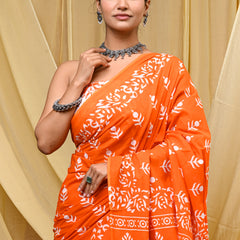 Women's Orange Bold Patta Border Pure Cotton Mulmul Saree - Detail View
