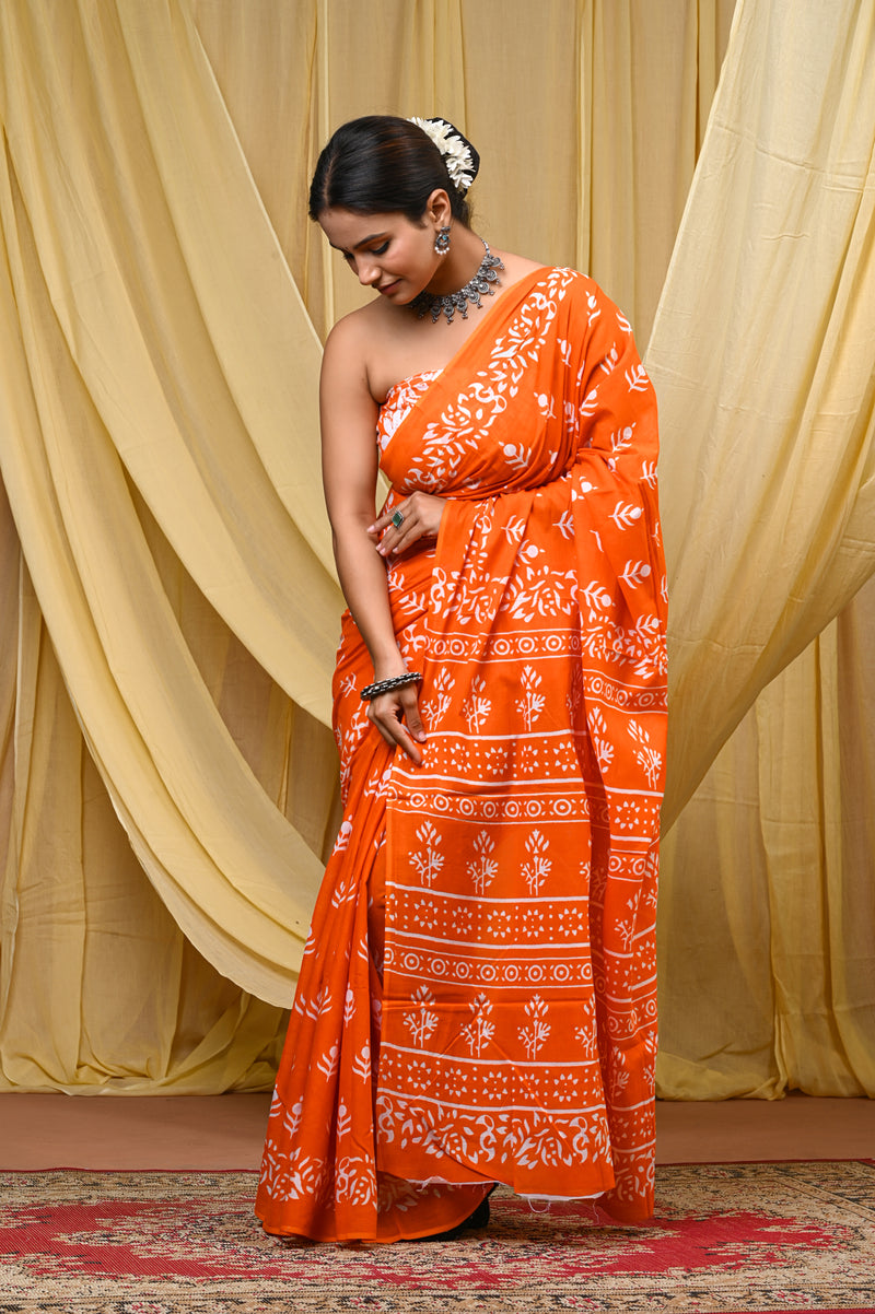 Women's Orange Bold Patta Border Pure Cotton Mulmul Saree - Drape View