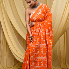 Women's Orange Bold Patta Border Pure Cotton Mulmul Saree - Drape View