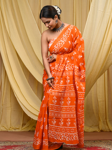 Women's Orange Bold Patta Border Pure Cotton Mulmul Saree - Drape View