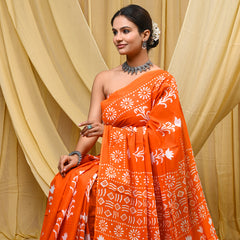 Women's Orange Floral Motif Pure Cotton Mulmul Saree - Front View
