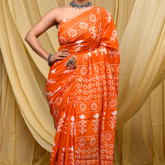 Women's Orange Floral Motif Pure Cotton Mulmul Saree - Side / Back View