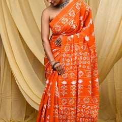 Women's Orange Floral Motif Pure Cotton Mulmul Saree - Drape View