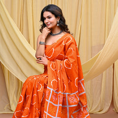 Women's Orange Gola Circular Motif Pure Cotton Mulmul Saree - Front View