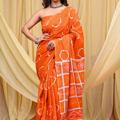 Women's Orange Gola Circular Motif Pure Cotton Mulmul Saree - Side / Back View
