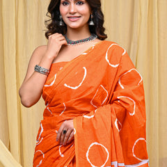 Women's Orange Gola Circular Motif Pure Cotton Mulmul Saree - Detail View