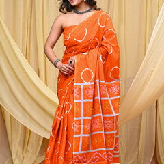 Women's Orange Gola Circular Motif Pure Cotton Mulmul Saree - Drape View
