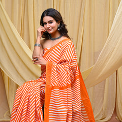 Women's Orange Leheriya Wave Pure Cotton Mulmul Saree - Front View