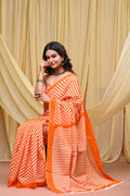 Women's Orange Leheriya Wave Pure Cotton Mulmul Saree