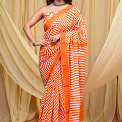 Women's Orange Leheriya Wave Pure Cotton Mulmul Saree - Side / Back View
